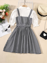 Load image into Gallery viewer, Girls Houndstooth Faux Layered Puff Sleeve Dress
