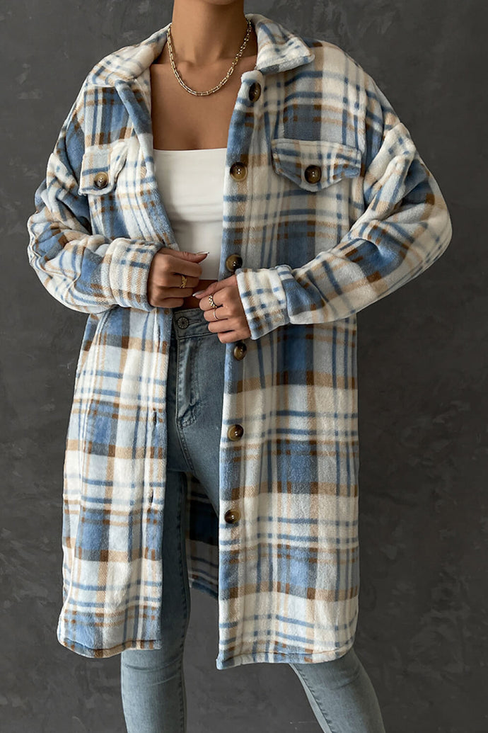Plaid Button-Up Brushed Longline Collared Coat