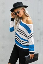 Load image into Gallery viewer, Striped Openwork Dropped Shoulder Boat Neck Sweater
