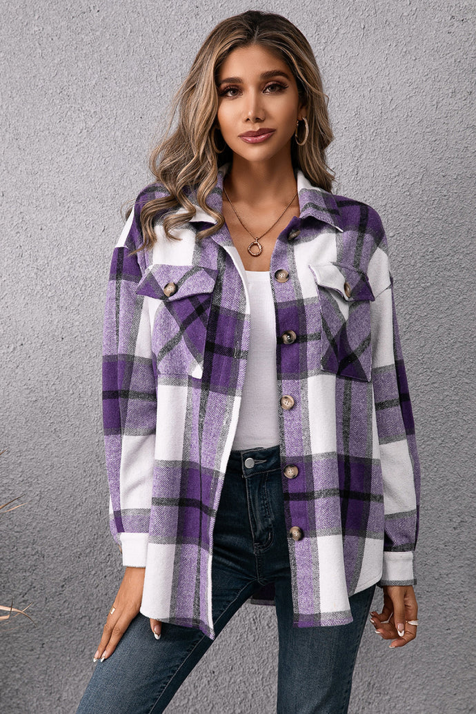 Plaid Pocketed Button Down Shirt Jacket