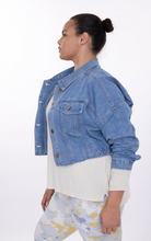 Load image into Gallery viewer, Miss Cropped Raw &amp; Ribbed Denim Jacket Medium Wash by mono b
