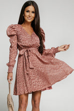 Load image into Gallery viewer, Leopard Belted Puff Sleeve V-Neck Dress
