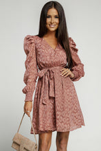 Load image into Gallery viewer, Leopard Belted Puff Sleeve V-Neck Dress
