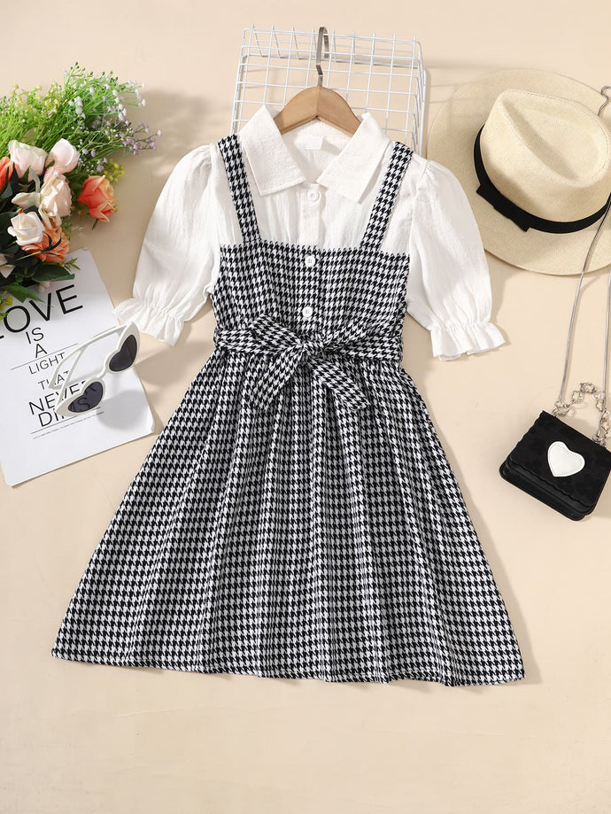 Girls Houndstooth Faux Layered Puff Sleeve Dress