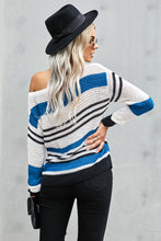 Load image into Gallery viewer, Striped Openwork Dropped Shoulder Boat Neck Sweater
